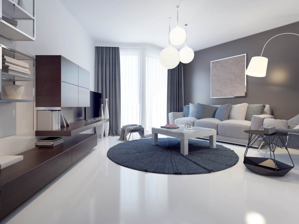 Contemporary living room. White and grey walls, polished concrete flooring. Floor-to-ceiling panoramic windows.